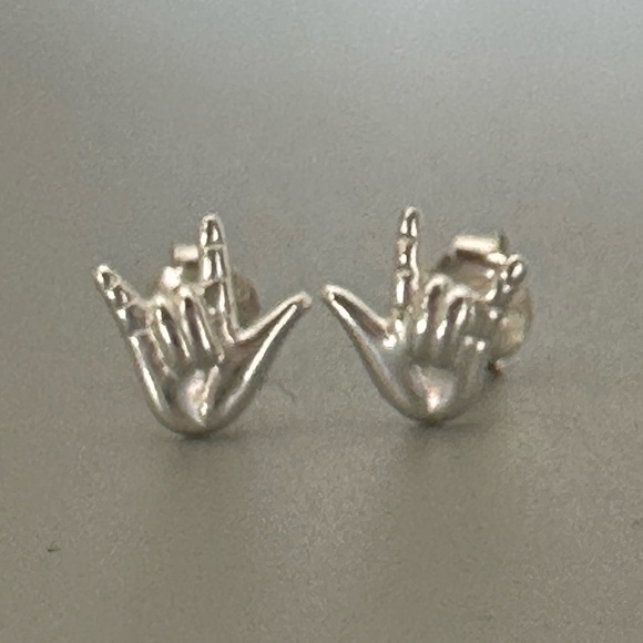 Sterling Silver I Love You ASL Sign Simple Stud Earrings - Picture 8 of 14